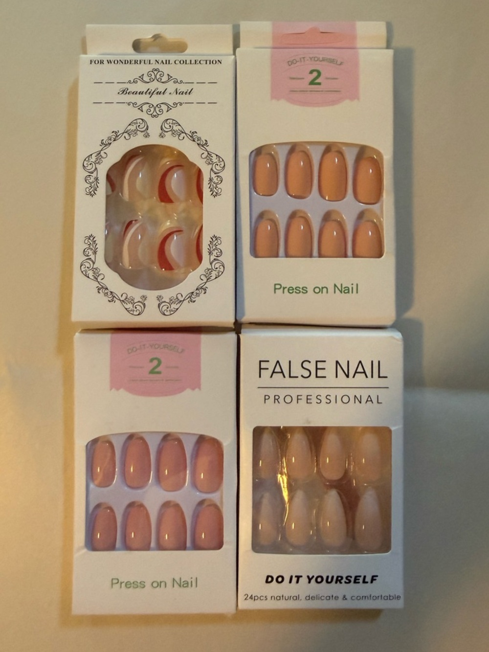 NIP 3 Sets of False Nails,Med Length,Almond,Pink,Peach,Multi Color,DIY,Adhesive